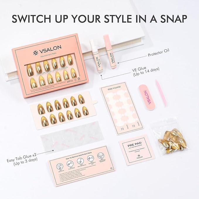 VSALON Press on Nails Medium Almond - Metallic Golden Ombre Cat Eye Glue On Nails for Women, Opaque Sparkle Salon Quality Fake Nails - 32 PCS Stick on Nails in 16 Sizes with Glue & Cuticle Oil