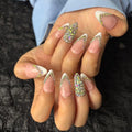 AKA Unicron French Tip Press On Nails Short Almond Handmade Acrylic Fake Nails Press Ons with Shining Rhinestones Charm Design,Nail Charm Nature Lasting Stick On Woman Fingernails