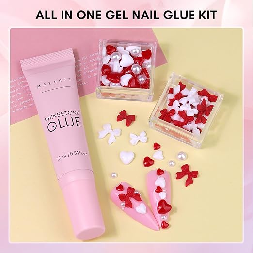 Makartt Nail Charm and Rhinestone Glue Kit, 15ml Gel with Preals Rhinestones Gems 3D Art Bowknot Heart Decor Acrylic Supply for Nails Techs DIY