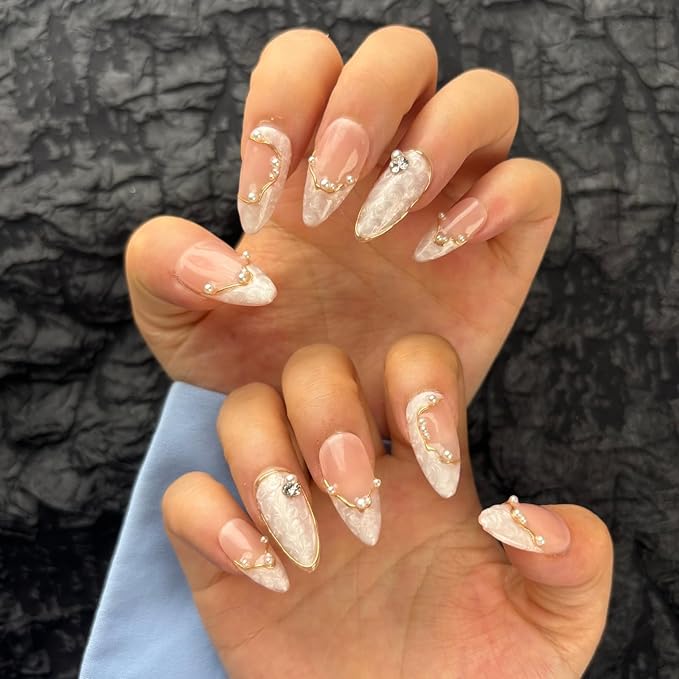 Handmade Press On Nails Short Almond,Nude Pink Acrylic Nails,Luxury Nail Press On with Charm Pearl Design for Wedding&Party Wear-True Love Design Concept