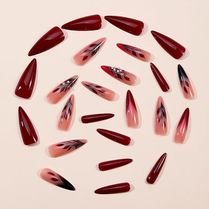 MISUD Press on Nails - Long Stiletto Fake Nails with Burgundy, Acrylic Leaf Rhinestone Design 24 pcs