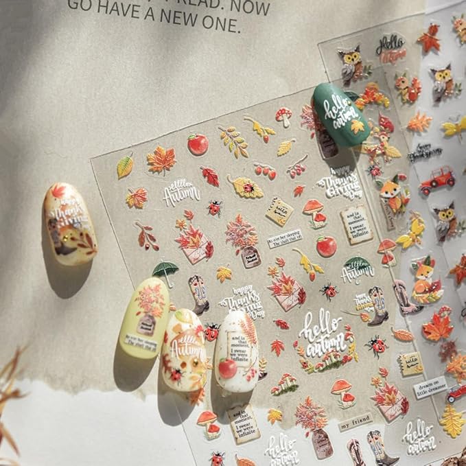 Maple Nail Stickers Leaf Mushroom Nail Decals 3D Self-Adhesive Boots Envelope Nail Designs 5D Embossed Plants Animals Insects Nails Supplies for Women Holiday DIY Manicure 1 Sheet