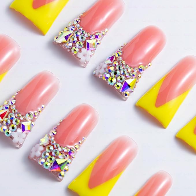10 Pieces Luxury Acrylic Press On Nails Long Handmade Duck Nails, Yellow Thickened False French Nails, With Bling Rhinestones & Y2K Princess Vibes, Reusable Acrylic Nails (S)