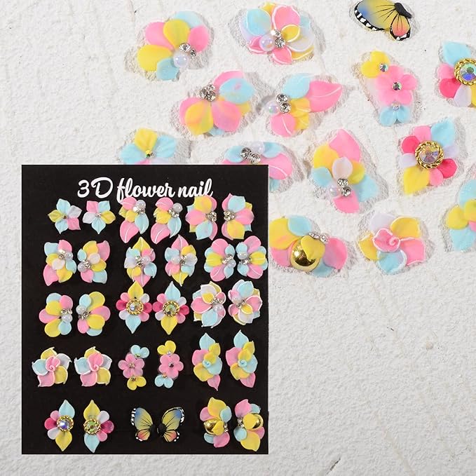 30PCS 3D Handmade Flower Nail Art Charms Advanced Handcrafted Cherry Blossom Flower Colorful Sculpted Floral Nails with Rhinestone Caviar Beads Design for Women Profession Nail Art Craft Jewelry