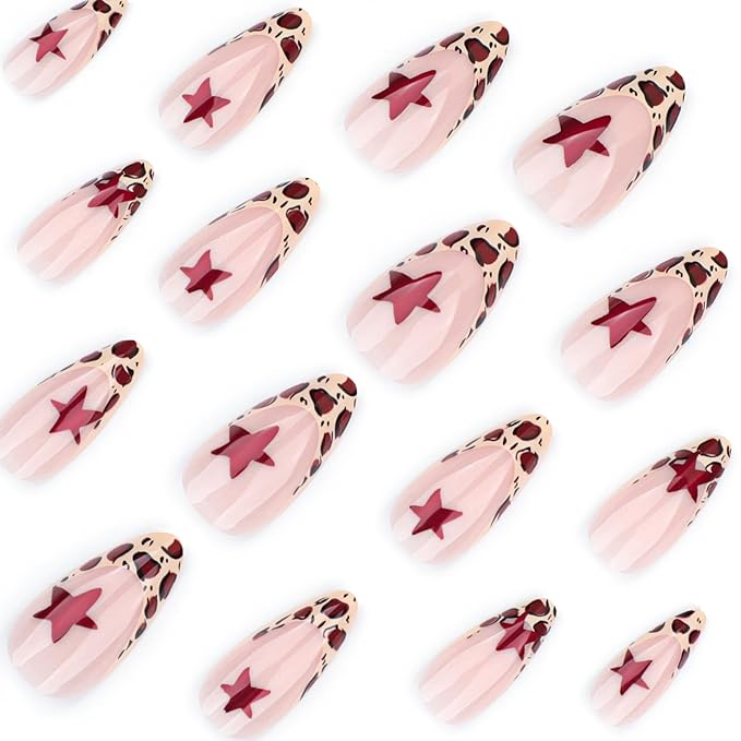 Almond Press on Nails Medium French Tip With Leopard Print Design - Glue on Star Acrylic Full Cover Stick on Winter Artificial Nails for Women Manicure 24Pcs
