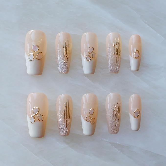Handmade Press On Nails, Long Ballerina Shape, Pink and White Shell Design, 10 Pieces (Large,LB)