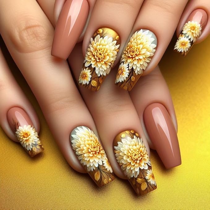 Sunflower Press on Nails Medium Square Fake Nails with Daisy Floral Designs Yellow Flowers False Nails Press ons Glossy Orange Summer Acrylic Nails for Women Decoration for Women 24Pcs