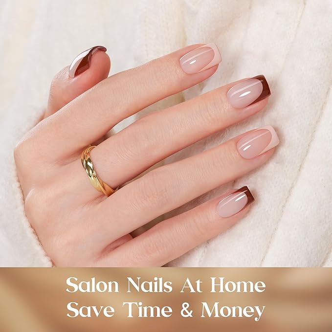 Beetles Pess On Nails Kit-Mocca Mousse French | 7 Colors Short Square French Tip Press On Nails | 224Pcs 16 Sizes All-in-One Kit Winter Nails With Nail Glue,Remover,Builder Top Coat,Nail Lamp