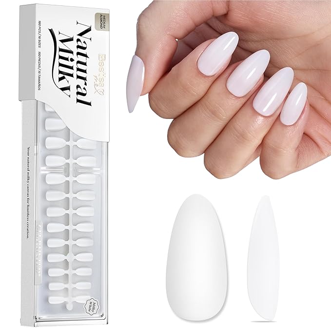 Beetles Natural Milky White Nail Tips | 160PCS, 16 Sizes Medium Almond Nail Tips | Pre-Colored Full Cover Soft Nail Gel Fake Nails | Salon-Gel Look for DIY Manicure