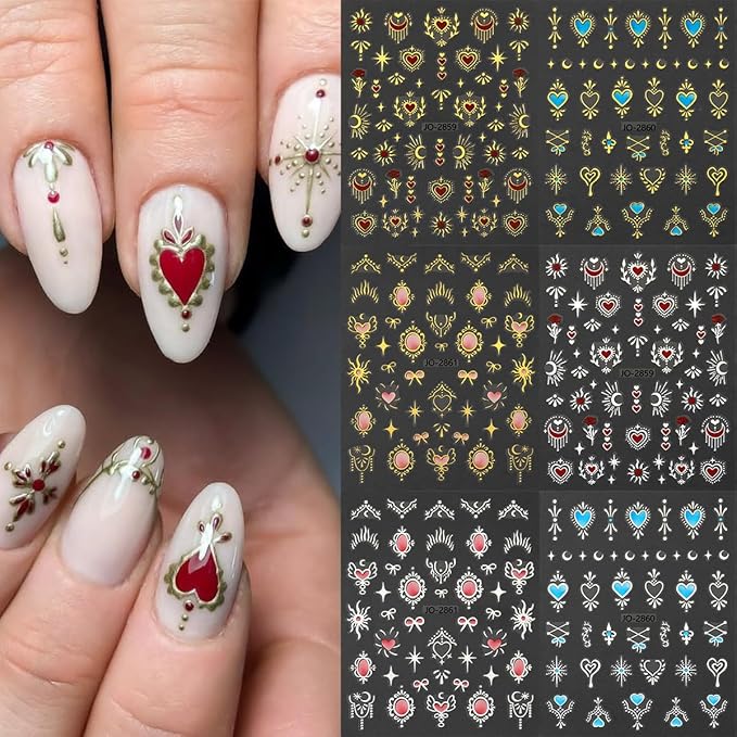 6 Sheets Sun Star Nail Stickers for Nail Art 3D Gold Silver Heart Nail Art Stickers with Sun Star Moon Self-Adhesive Design Nail Art Supplies Chrome Nail Decals for Women Acrylic Manicure Decorations