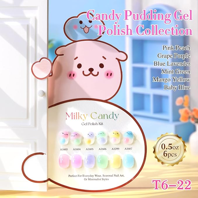 Double Rhythm 6 Pcs 15 ML Gel Polish Set Same Color Same Bottle Soak Off Gel Polish Kit Nail Art Manicure Salon DIY at Home for Women (Jelly Pink Purple Green Yellow Blue-T6-22)
