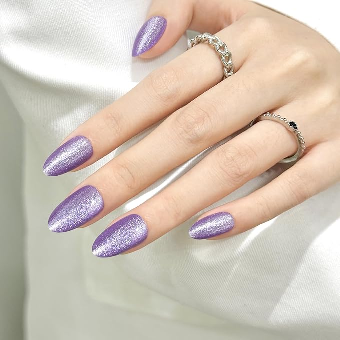 Purple Almond Cat Eyes Press On Nails,12 Sizes - 24 Pcs Soft Gel Grape Purple Medium Fake Nails Kit with Nail Glue, Natural Reusable Stick On False Nails for Women and Girls SK1025