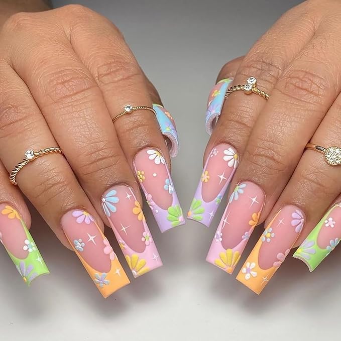 24Pcs Colorful French Tip Press on Nails Long Square Fake Nails Color Summer Daisy Full Cover Design Glue On Nails Coffin Shape False Nails Flowers Acrylic Press Ons for Women Manicure Art