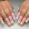 24Pcs Colorful French Tip Press on Nails Long Square Fake Nails Color Summer Daisy Full Cover Design Glue On Nails Coffin Shape False Nails Flowers Acrylic Press Ons for Women Manicure Art