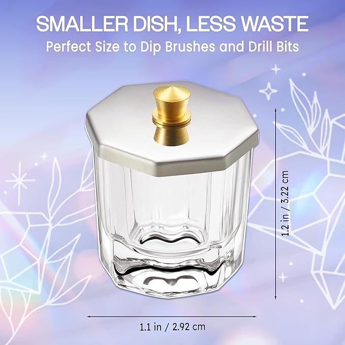 Beauticom Crystal Glass Dappen Dish for Acrylic Nail Dip Powder, Monomer, and Nail Polish Remover (Octagon Shape w/Stainless Steel Lid, 4 Pieces)