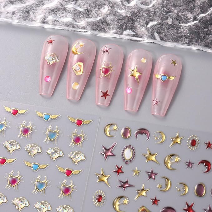 6Sheets 5D Embossed Stickers, Crystal Soft Glue Irregular Gems, Geometric Frame Art Stickers, Jelly Rhinestones Heart Star Decals, Moon Sun Cloud Nail Designs