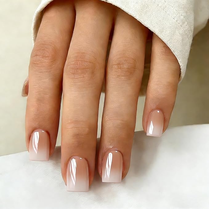 Chrome Ombre Pink Press on Nails Short Square, Glazed Cute Fake Nails with Sparkle Mirror Design, Shiny Glitter Glue on Nails Short, Gradient Nude Gel Nail Press ons with Glue 30 Pcs