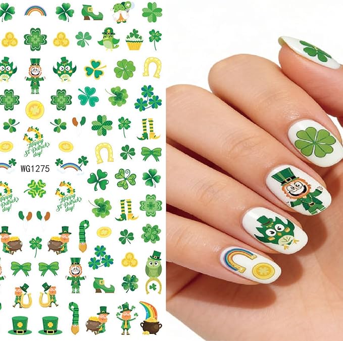 St Patricks Day Shamrock Nail Art Stickers Lucky Four-Leaf Clover Nail Decals Charms 3D Self-Adhesive St. Patrick's Day DIY Date Nail Supplies Decorations for Women Girls 10 Sheets