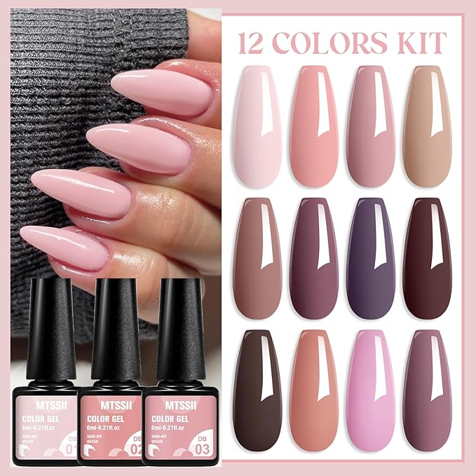 MTSSII Gel Nail Polish Kit, 12 Colors Fall Winter Pink Nude Brown Gel Polish Set Skin Tones Neutral Soak Off Gel Nail Gifts for Women Girl DIY Salon Home Manicure