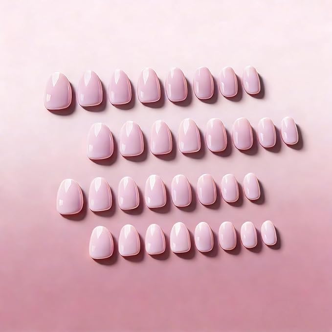 KQueenest Press On Nails Short - Light Baby Pink Press On Nails Oval, 32 Pcs 16 Sizes Natural Short Fake Nails Press ons Almond, Reusable Glossy Gel Glue on Nail with Glue for Everyday Office Wear