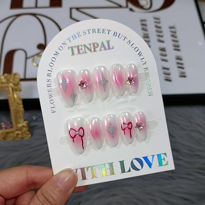 Handmade Press On Nails Almond,Aurora Pink Acrylic Glossy Y2k Sweet Cool Soft Gel Fake Nails,Reusable Glue On Nails With Star Bow Stars Designs,10pcs/Box Manicure Art With Charms(M)