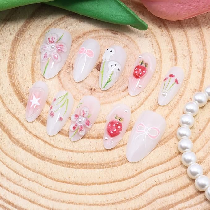 30Pcs Cute Press on Nails Medium Almond Fake Nails 3D Pearl Design Pink Flower Glue on Nails Easter Acrylic Nails Bunny False Nails Star Strawberry Bow Artificial Stick on Nails for Women Manicure