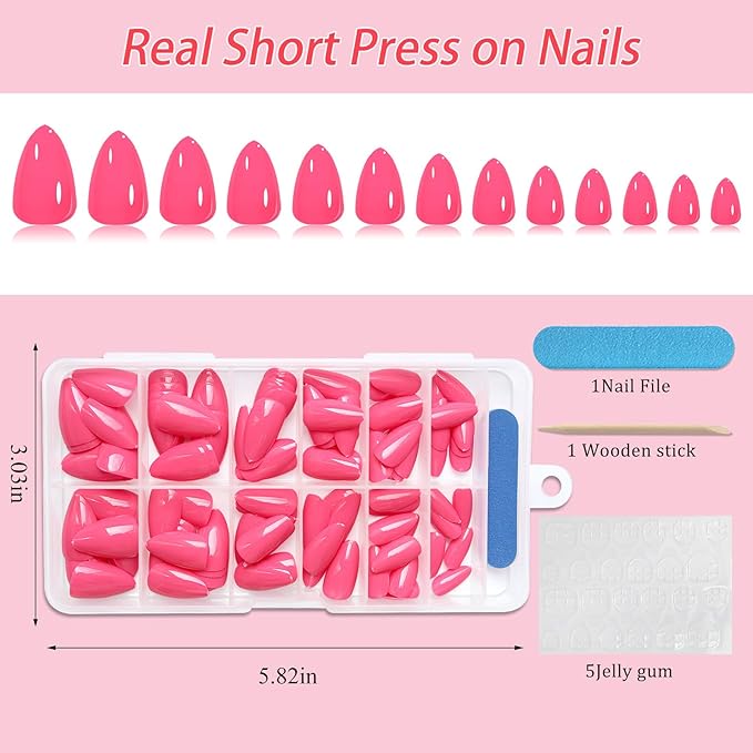 120pc Hot Pink Almond Press on Nails Short Fake Nails Press ons for Women Acrylic Nails Press on Nails&Glue Tabs, Short Pink Press on Nails Almond False Nail Stick on Artificial Fingernail