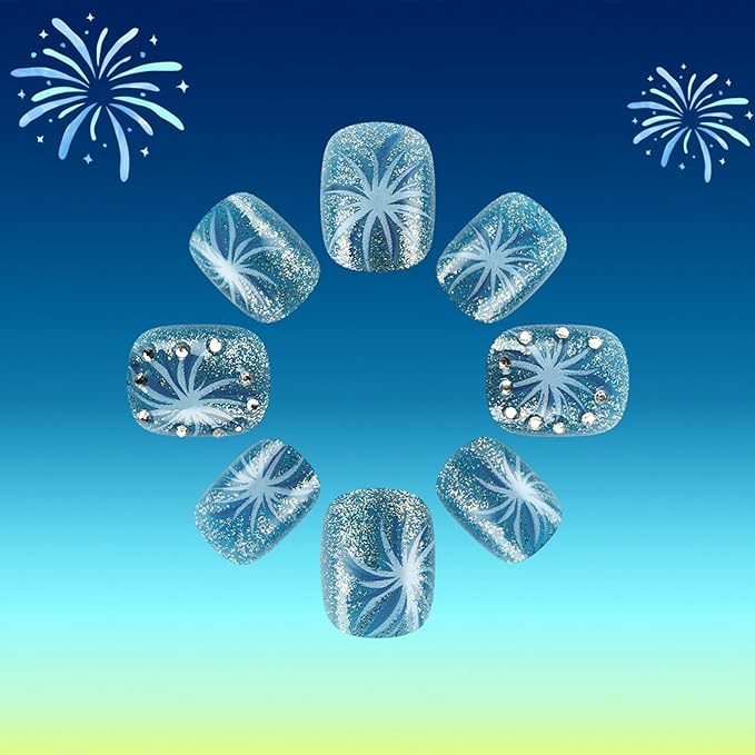 Square Press on Nails Short Fake Nails with Designs Fireworks Glue on Nails Rhinestone False Nails Blue Bling Sequins Acrylic Nails Glitter Full Cover Stick on Nails for Women 24Pcs