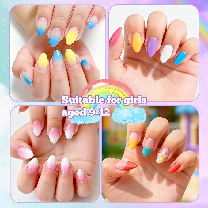 krofaue 240Pcs Almond Kids Nail Tips - 12 Sizes Soft Gel Extra Short Press on Nails for Children Girls Clear Almond Fake Nails for DIY Manicure (9-12 years old)