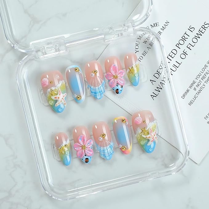 Handmade Press on Nails Summer Beach 3D Seashell Starfish False Nails Designs Full Cover French Thickened Acrylic Nails Flower Fake Nails Medium Almond Gradient Stick on Nail for Women (Size M)