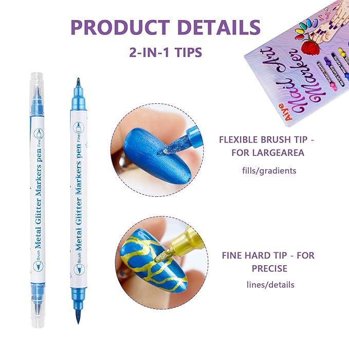 10 Colors Dual-Tip Nail Art Pens, Soft Brush & Fine Liner Design for Shading, Outlining & Detailed Nail Drawing, Quick-Dry Nail Art Pens for DIY Manicure, Gel Nails & Acrylic Nails
