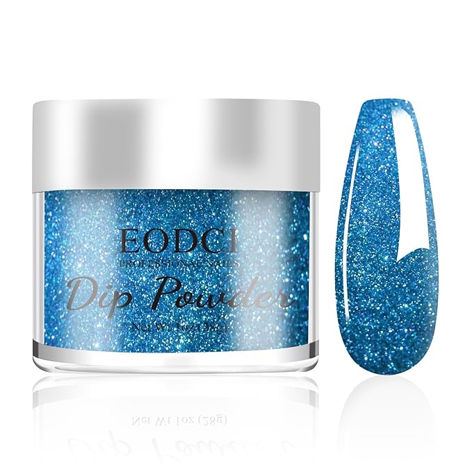 Nail Dip Powder Glitter Blue Color, No Lamp Curing, French Powder Pro Collection System Nail Art Starter Manicure Salon DIY at Home, Odor-Free & Long-Lasting, 1 Oz