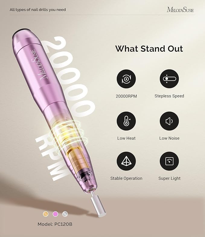 MelodySusie Pen-Shaped Portable Nail Drill with AC Adapter, PC120B 20000RPM Electric File with Compact Design for All Nail Care, Manicure Polishing, Shaping & Gel Removal at Home for Beginners