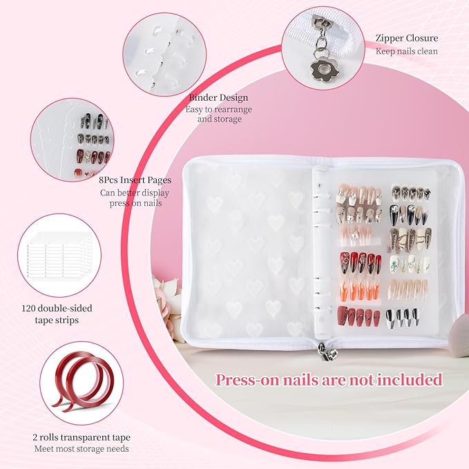 Press On Nail Storage Organizer Binder with 8 Insert Pages - A5 Size & Double Sized Tape, Press on Nails Display Storage Book, Reusable Fake Nail Swatch Collecting Book (White)