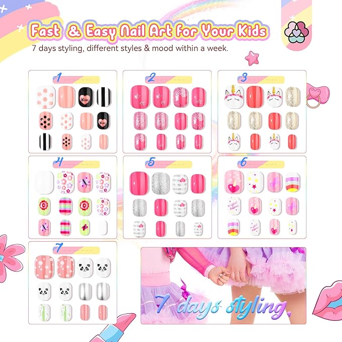 SAVILAND 168 Pieces Press on Nails for Kids 7 Pack Kid Fake Nails Stick on Nails Pre-glue Full Cover Short Acrylic Nail Tips for Children Glitter False Nails Christmas Easter Gifts for 8-12 Year Girls