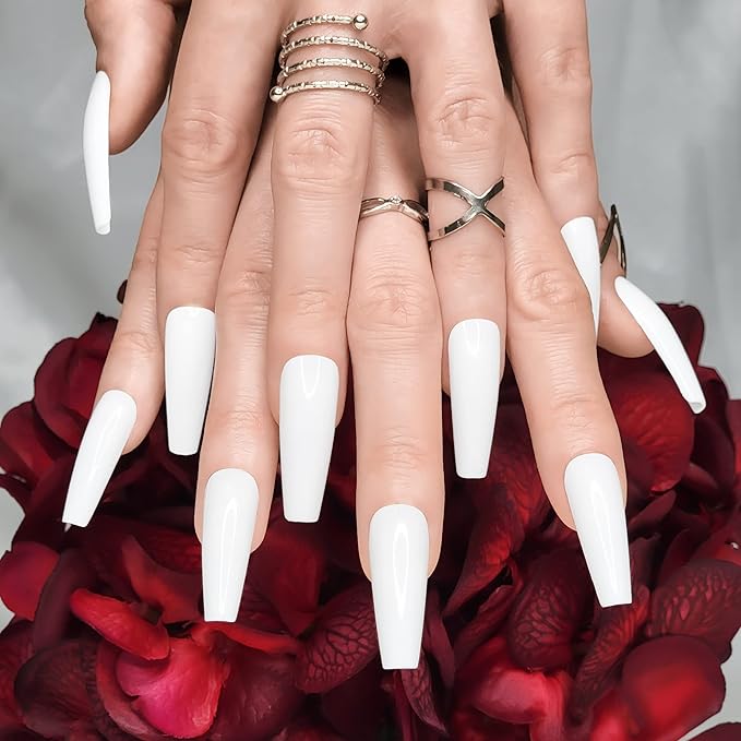 Hypnaughty 24 Pcs Classic White Glossy Extra Long Coffin Press On Nails and Glue XL Reusable Solid Color Luxury False Nails (Classic White)