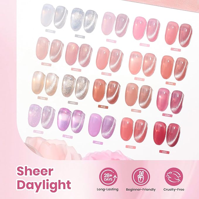 Beetles 20 Color Jelly Gel Nail Polish Set - 80 Pcs Gel Nail Polish Kit with U V Light Milky Pink Nude Red Glitter Sheer Daylight Nails Kit with Cat Eye Top Coat Rubber Base, Women Teens Girls Gifts