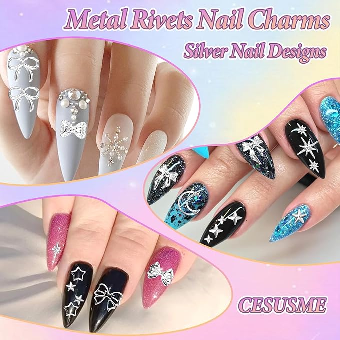 Silver Alloy Cross Star Nail Charms, Silver Metal Nail Beads, White Flatback Pearls, 3D Star Moon Heart Bow Butterfly Nails Studs, Mixed Sizes Caviar Beads and Pearls for Nail Art Accessories DIY