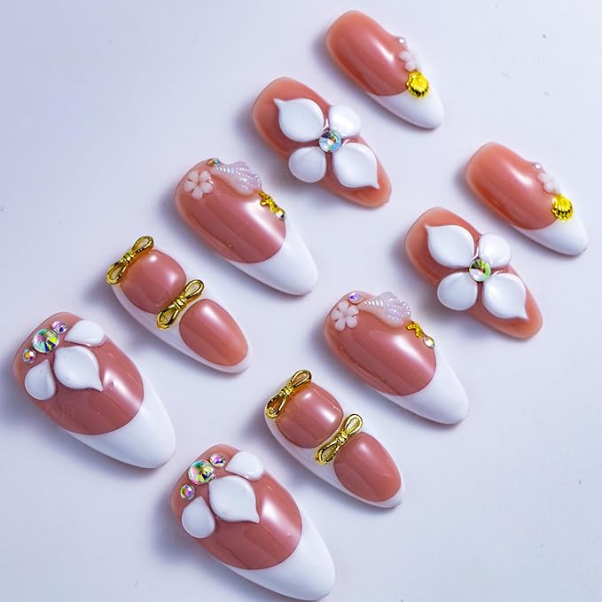 10 Pieces Handmade Press On Nails Medium Almond, White Thickened French False Nails, 3D Flowers And Sea Shells, Reusable Fake Nails Almond, Reusable Acrylic Nails (L)