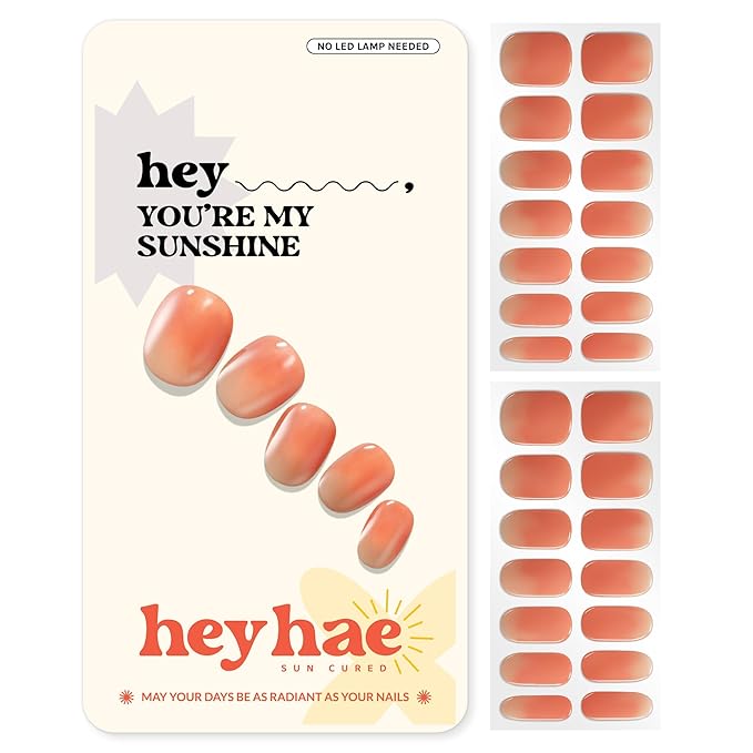 Heyhae Semi Cured Gel Nail Strips | No LED Lamp Needed | Ombre, Orange, Spring | Easy Apply & Remove, Salon Quality |Includes 28 Strips, 1 Prep Pads, Nail File & Wooden stick - Hey, You're My Sunshine