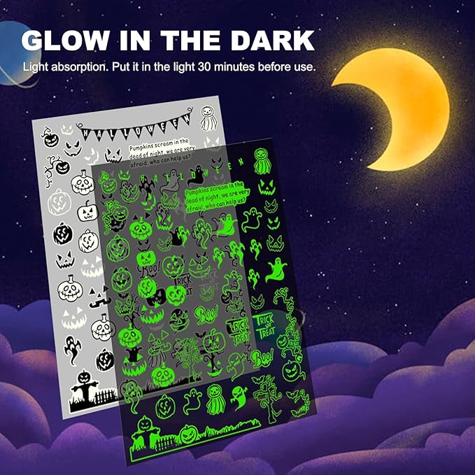 Halloween Glow in The Dark Nail Stickers, 3D Luminous Ghost Nail Art Decals, Self-Adhesive Pumpkin Spider-Web Bat Design for DIY Supplies Decoration (10 Sheets)