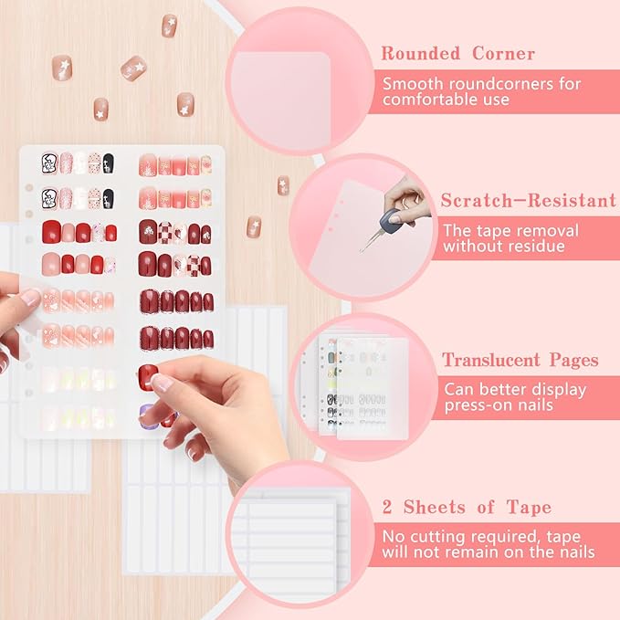 KEIFIN 6 PCS Blank Refill Sheets for Press On Nail Storage Organizer Binder A5 Plastic Insert Pages for Fake Nail Swatch Container Book Polish Color Display Holder with 60 Pcs Tape Strips (CLEAR)