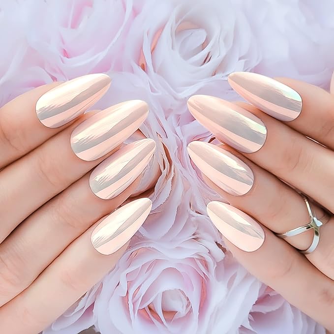 Hypnaughty 24 Pcs Light Peach Almond Chrome Luxury Press On Nails and Glue Reflective Medium Long Pointed Reusable False Nails (Light Peach Almond Chrome)