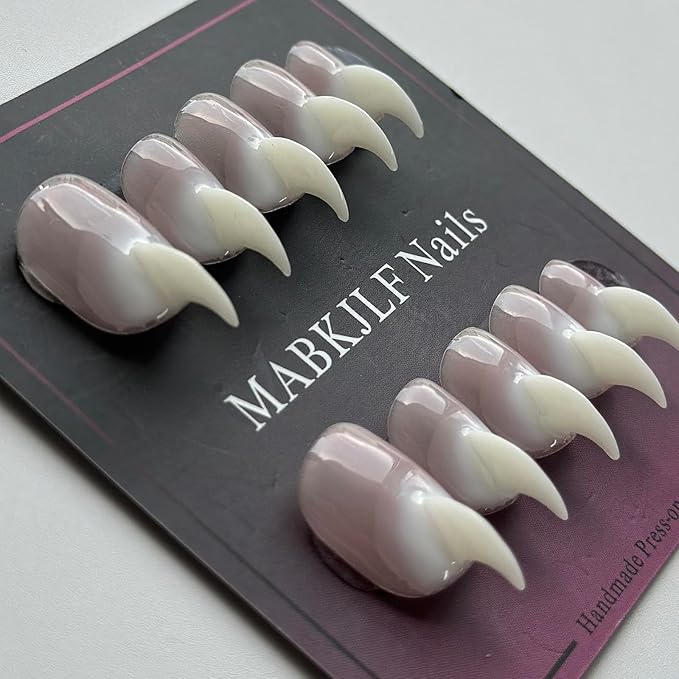 Halloween Press on Nails Luxury Short Stiletto Handmade Cat Claw Unique Reusable ABS Material White Fake Nails Eagle Claw False Nails Glossy Glue on Nail Curved Thick Acrylic Nail(M)