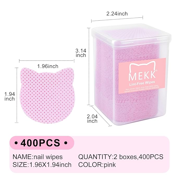 MEKK Lint Free Nail Wipes, 400PCS Pink Cat Shape Nail Polish Remover Wipes, Soft Non-Woven Fabric, Super Absorbent, Cleaning Pad Cloth for Lash Extension & Nail Polish Bottle