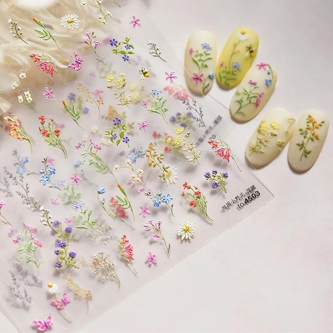 Dedyel Rural Wildflowers Nail Stickers 5D Embossed Wildflower Nail Stickers Spring Summer Red Yellow Blue White Flower Design Nail Art Decoration for Women Girls Kids