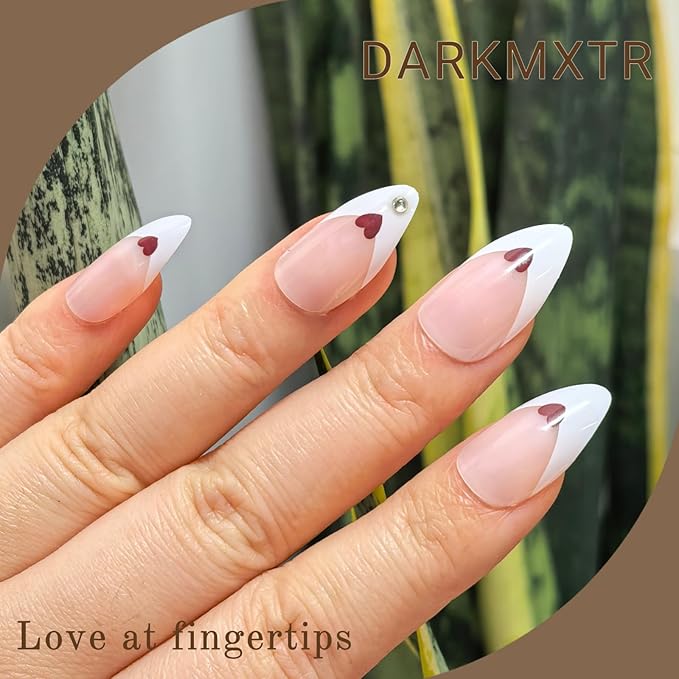 Press-On Nails, Heart Design False Nails, Pink White Glossy Fake Nails with Rhinestone, 24Pcs Reusable Artificial Nails Kit