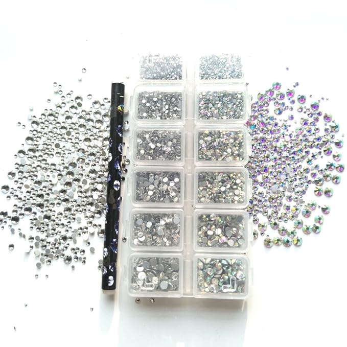 7400pcs Nail Rhinestones Flatback Crystals AB Clear Glass Charms Gems Stones Diamonds for Nails Crafts DIY Nail Art Decoration with Wax Picker Pencil and Box Mix SS 3 6 8 10 12 16 (1.3-4.0) MM