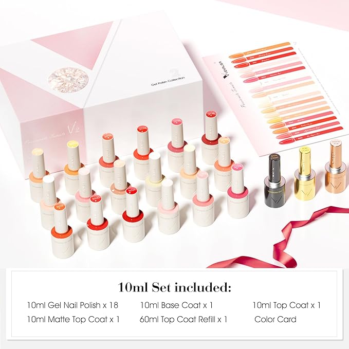 VENALISA V2 22 Pcs 10 ML Red Orange Gel Nail Polish Set with Color Card, Pink Red Orange Gel Polish Kit Nail Art Starter Manicure Salon DIY at Home