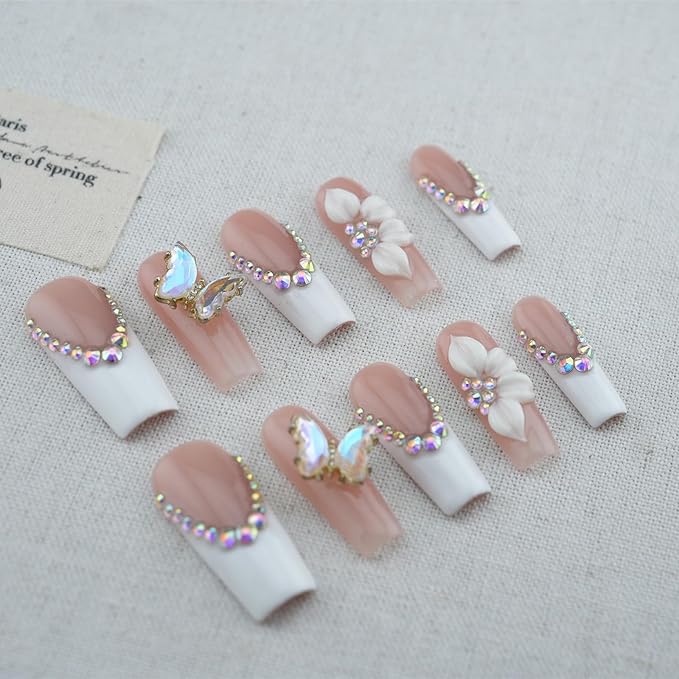 Luxury Handmade Press on Nails - Long Square White French Tips Press on Nai,l with Almond 3D Rhinestones, Flowers & Butterflies, Acrylic Multi-Layer Gel False Nails for Women (10Pcs)